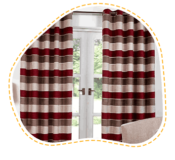 Red and beige striped curtains hanging on a window