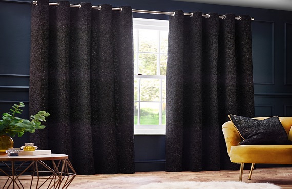 black curtains with yellow sofa