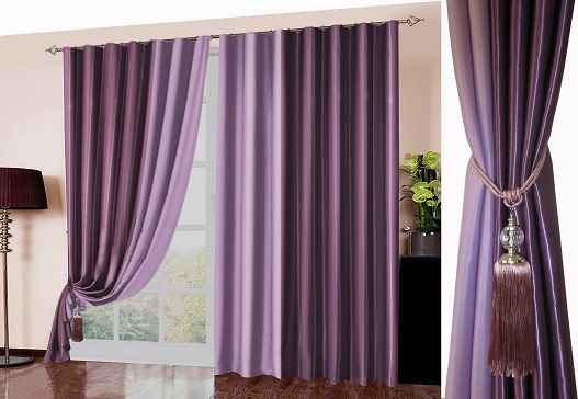 Purple linen curtains for living room, elegantly draped over a glass door with a decorative tassel tieback, adding a stylish and modern touch to the interior decor.