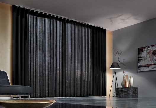black curtains with black furniture