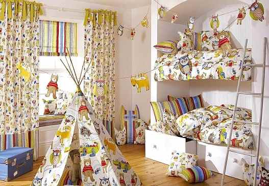 Colorful kids’ bedroom with animal-print bedding, curtains, and a play tent.
