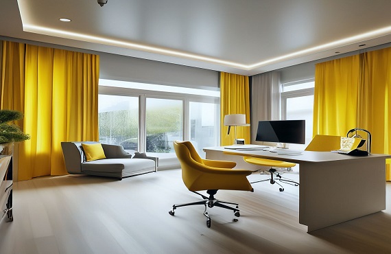 yellow curtains with yellow chairs in office
