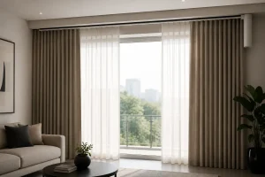Motorized curtain track system in a modern living room