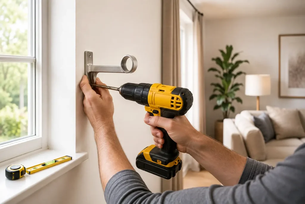 Installing a curtain rod bracket on a wall that shows how to install curtain rod