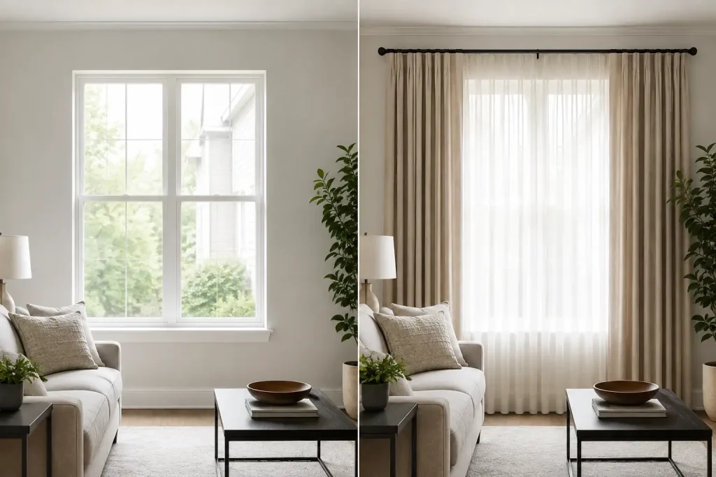 Bare window versus curtained window in a living room that describe how to choose curtain