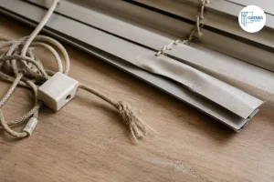 Worn cord and bent slat showing common blind damage