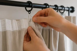 Attaching a curtain hook to fabric header