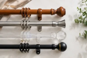Different curtain rod materials including wood, metal and acrylic