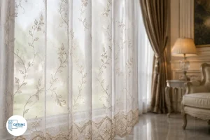 Embroidered sheer curtain panel for formal spaces