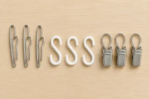 Pin hooks, S-shaped hooks and clip hooks for curtains