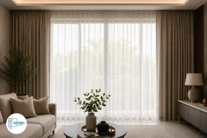 Sheer curtains layered with heavier drapes in a living room
