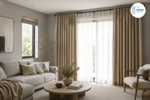 Neutral curtain colours matching living room walls