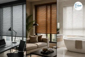 Different types of aluminium, wooden and faux wood Venetian blinds