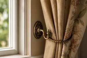 Decorative brass tie-back curtain hook