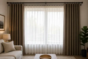 Double curtain rod with layered sheer and blackout curtains