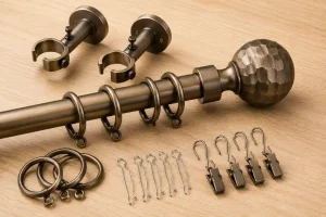 Curtain rod set with brackets, rings and hooks