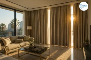 Thermal curtains blocking sunlight in a Dubai living room