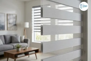 Zebra blinds with layered sheer and solid stripes