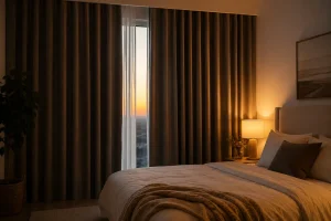 Blackout curtains in a bedroom for darkness and comfort
