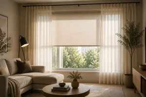 Layered curtains and roller blinds in a living room window setup