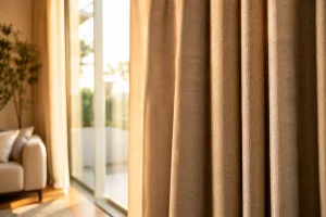 Fabric curtains hanging beside a bright window